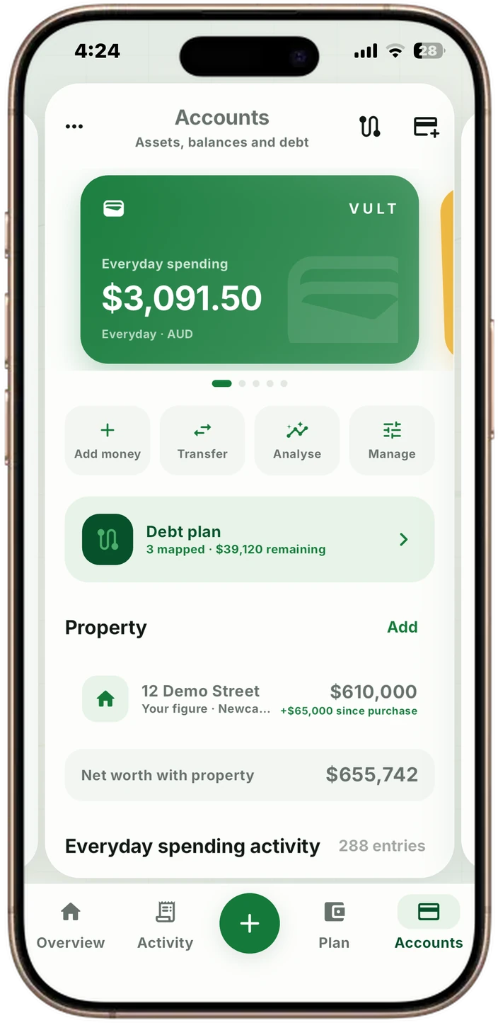 VULT accounts screen showing balances, property and an active debt plan