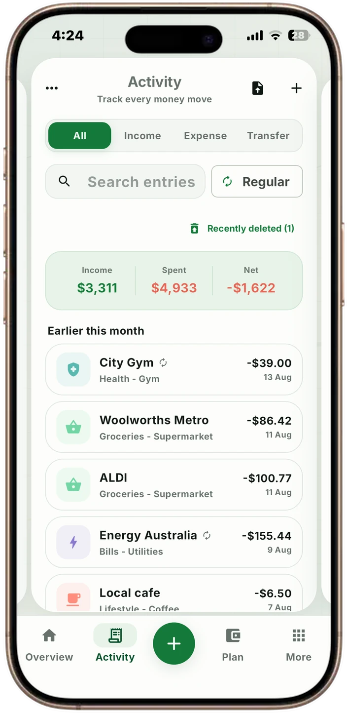 VULT activity screen showing organised transactions and recurring entries