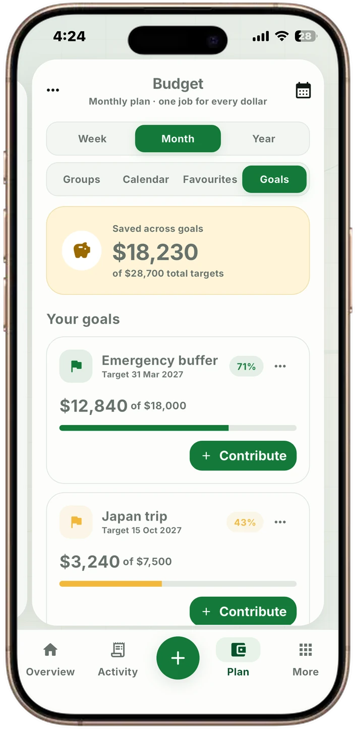 VULT savings goals screen with targets and progress